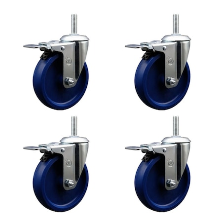 Service Caster 5 Inch Solid Polyurethane Swivel 58 Inch Threaded Stem Caster Set with Total Lock Brake SCC-TSTTL20S514-SPUS-58212-4